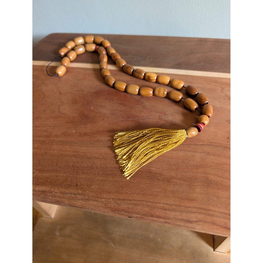 Vintage Olive Wood Barrel Bead Tassel Necklace Boho Islamic Prayer Strand Tasbih